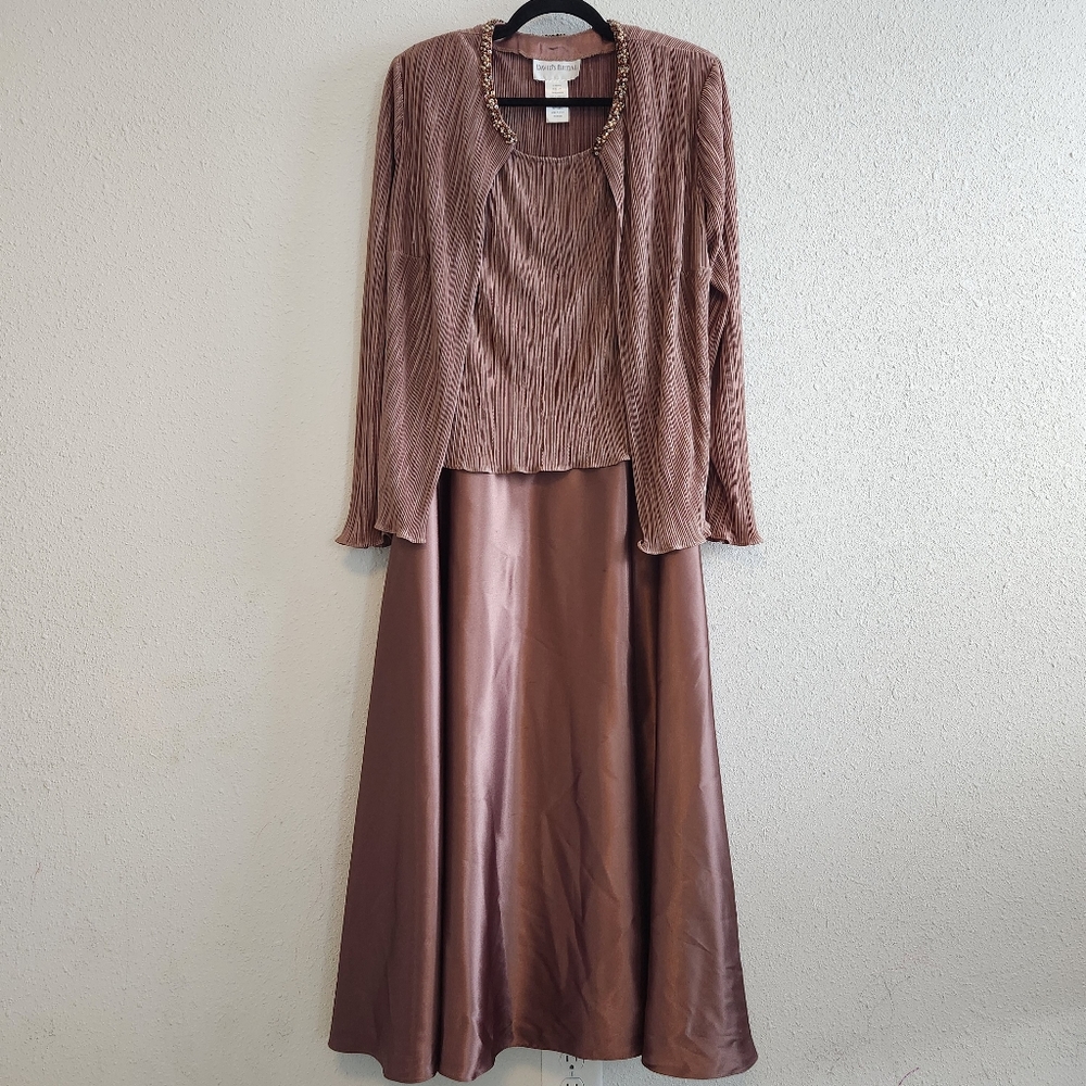 David's Bridal 2 Piece Gold Sequin Beaded Neckline Over Jacket & Dress 14W